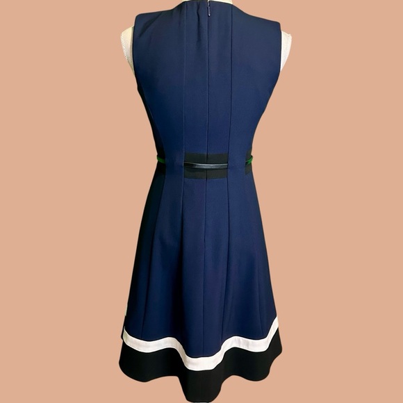 NWT Calvin Klein Fit & Flare Colorblock Belted Dress in Navy Blue & Black Stripe - Picture 11 of 16